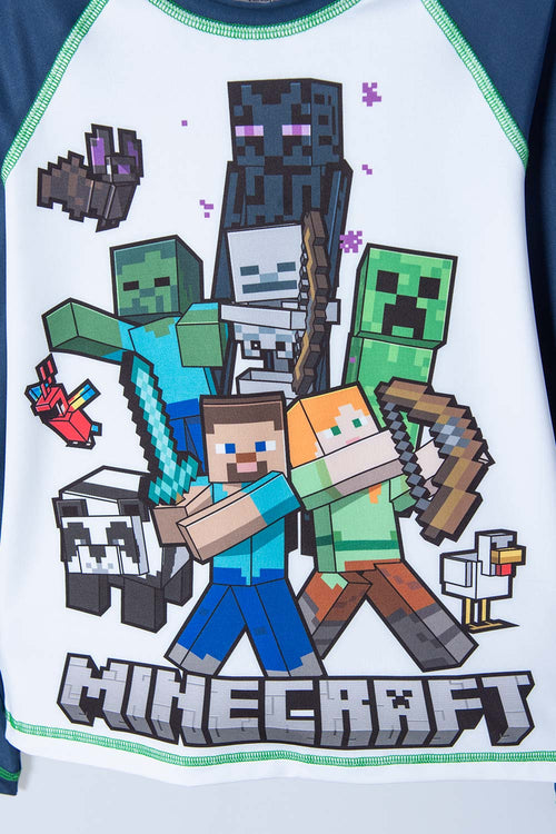 CAMISETA DE BAÑO MINECRAFT MANGA LARGA AZUL Y BLANCO PARA NIÑO