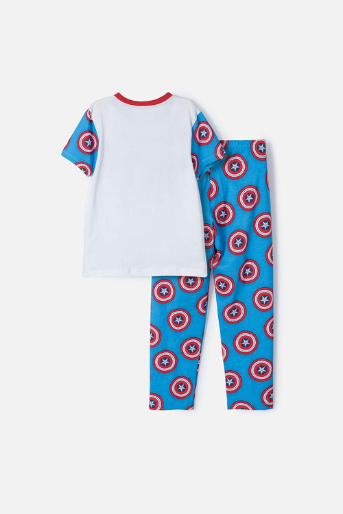 Card slide image -  PIJAMA DEL CAPITÁN AMÉRICA AZUL Y ROJA DE PANTALÓN LARGO PARA NIÑO