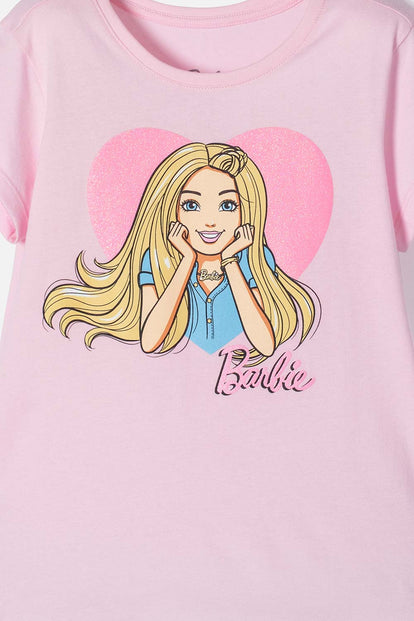 CAMISETA DE BARBIE MANGA CORTA ROSADA PARA NIÑA