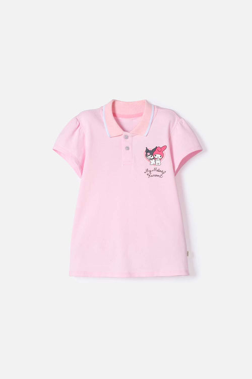 CAMISETA TIPO POLO DE MY MELODY & KUROMI ROSADA PARA NIÑA