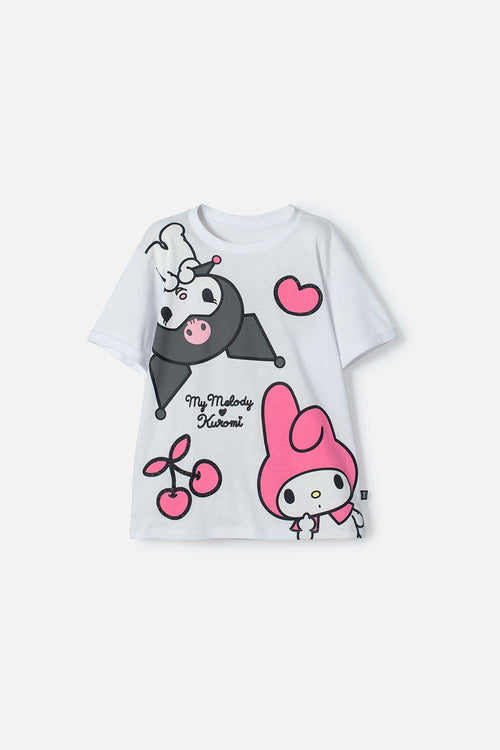 CAMISETA DE MY MELODY & KUROMI BLANCA ESTAMPADA EN FRENTE PARA NIÑA
