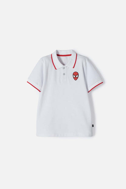 CAMISETA TIPO POLO DE SPIDERMAN BLANCA CON BOTONES PARA NIÑO