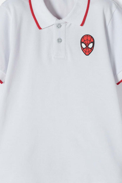 CAMISETA TIPO POLO DE SPIDERMAN BLANCA CON BOTONES PARA NIÑO
