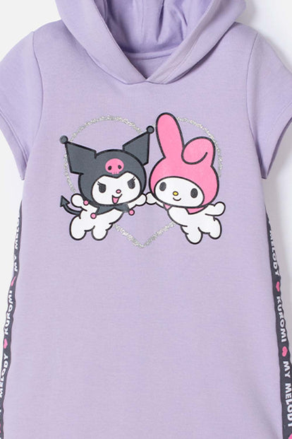 VESTIDO DE MY MELODY & KUROMI LILA CON ESTAMPADO EN FRENTE PARA NIÑA