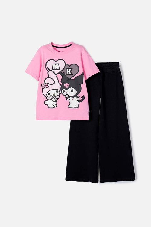 CONJUNTO DE MY MELODY & KUROMI ROSADO Y NEGRO DE PANTALÓN LARGO PARA NIÑA
