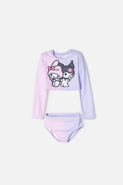 CONJUNTO DE BAÑO DE MY MELODY & KUROMI ROSADO Y LAVANDA MANGA LARGA PARA NIÑA