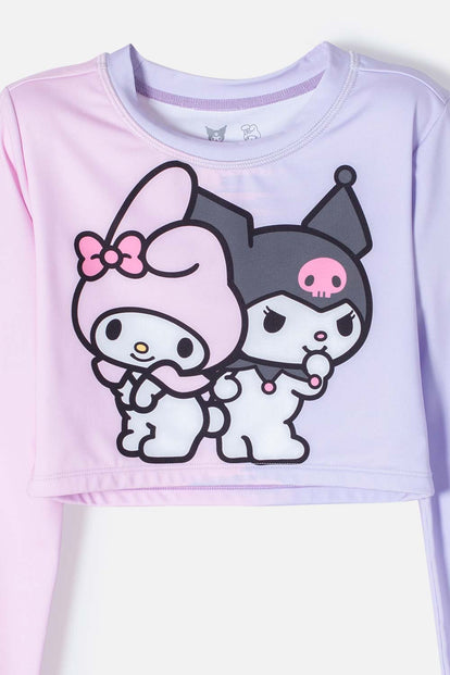 CONJUNTO DE BAÑO DE MY MELODY & KUROMI ROSADO Y LAVANDA MANGA LARGA PARA NIÑA