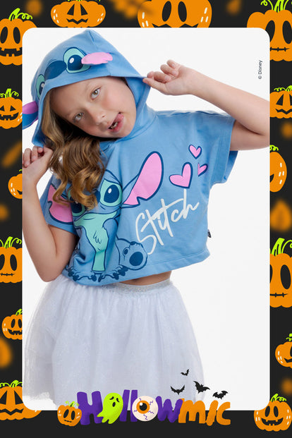 CAMISETA DE STITCH CON CAPUCHA AZUL PARA NIÑA