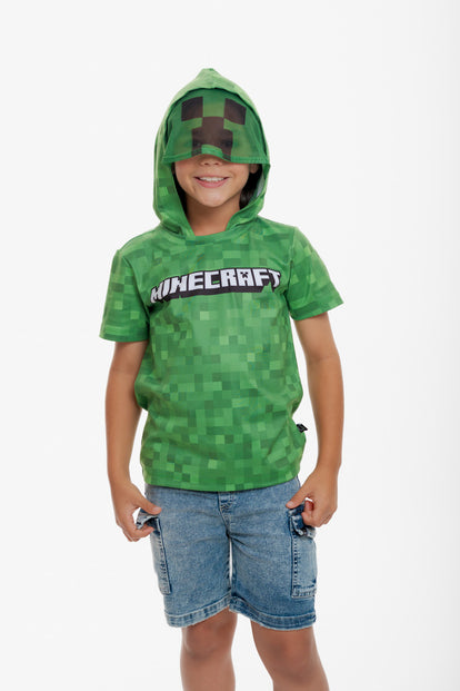 CAMISETA DE MINECRAFT CON CAPUCHA VERDE PARA NIÑO