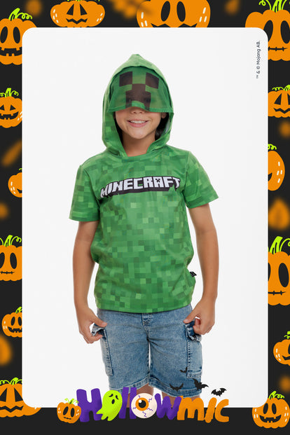 CAMISETA DE MINECRAFT CON CAPUCHA VERDE PARA NIÑO
