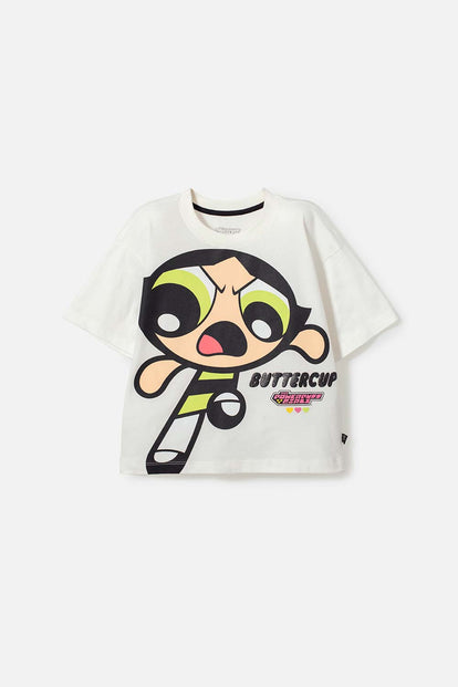 CAMISETA DE LAS CHICAS SUPERPODEROSAS MARFIL MANGA CORTA PARA NIÑA
