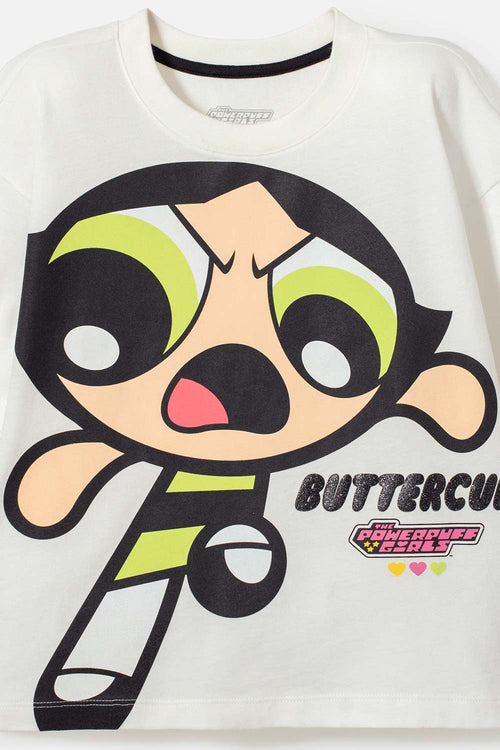 CAMISETA DE LAS CHICAS SUPERPODEROSAS MARFIL MANGA CORTA PARA NIÑA