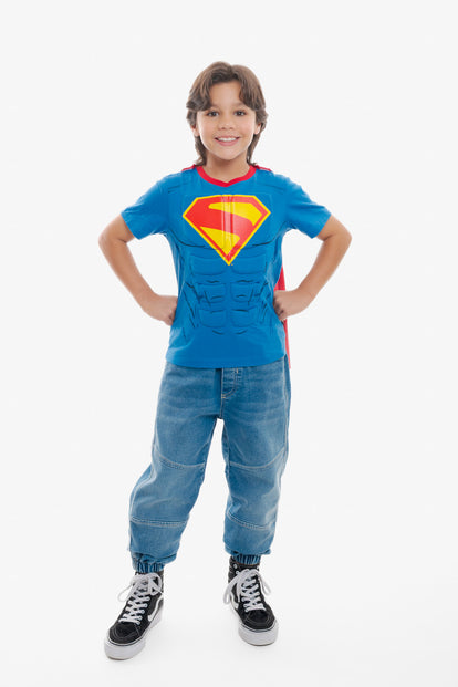 CAMISETA DE SUPERMAN CON CAPA AZUL Y ROJO PARA NIÑO