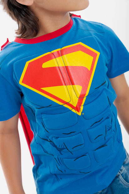 CAMISETA DE SUPERMAN CON CAPA AZUL Y ROJO PARA NIÑO