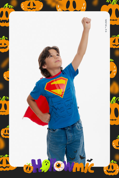 CAMISETA DE SUPERMAN CON CAPA AZUL Y ROJO PARA NIÑO