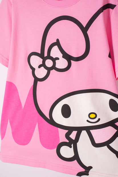 CAMISETA DE MY MELODY & KUROMI ROSADA CON ESTAMPADO EN FRENTE PARA NIÑA