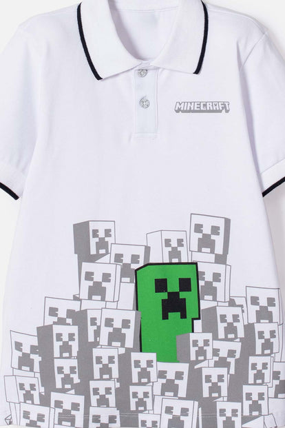 CAMISETA TIPO POLO DE MINECRAFT BLANCA PARA NIÑO