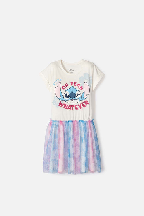 VESTIDO DE STITCH MANGA CORTA MARFIL PARA NIÑA