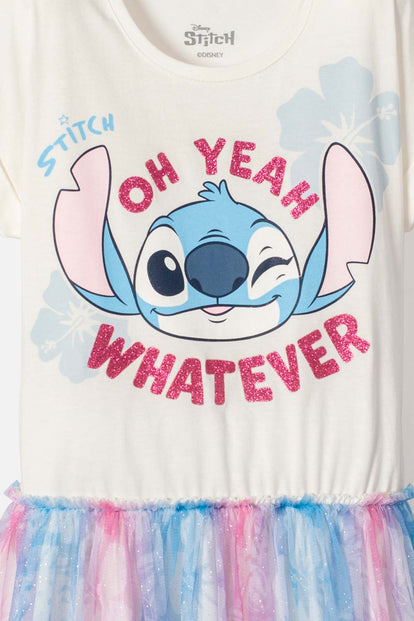 VESTIDO DE STITCH MANGA CORTA MARFIL PARA NIÑA