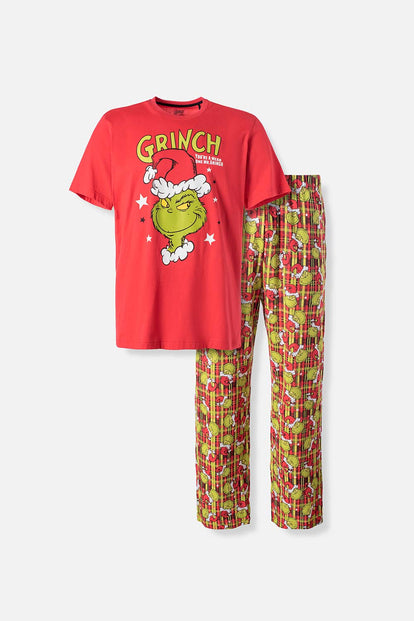 PIJAMA DE GRINCH CON PANTALÓN LARGO ROJO PARA HOMBRE