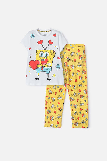 PIJAMA DE BOB ESPONJA PNTALÓN LARGO AMARILLO Y BLANCO PARA NIÑA