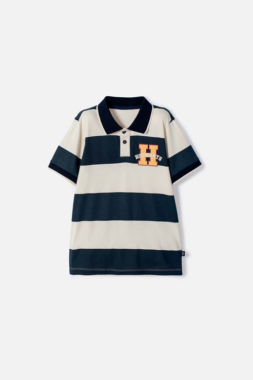 CAMISETA TIPO POLO DE HARRY POTTER AZUL Y ALMENDRA PARA NIÑO