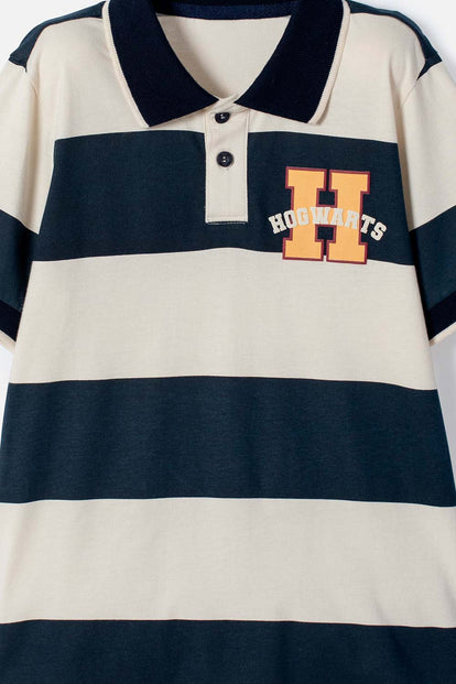 CAMISETA TIPO POLO DE HARRY POTTER AZUL Y ALMENDRA PARA NIÑO