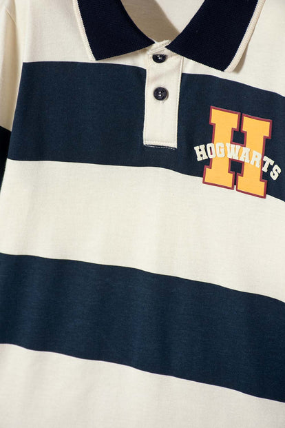 CAMISETA TIPO POLO DE HARRY POTTER AZUL Y ALMENDRA PARA NIÑO