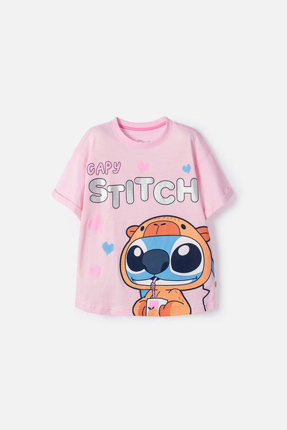 CAMISETA DE STITCH Y CAPYBARA MANGA CORTA ROSADA PARA NIÑA