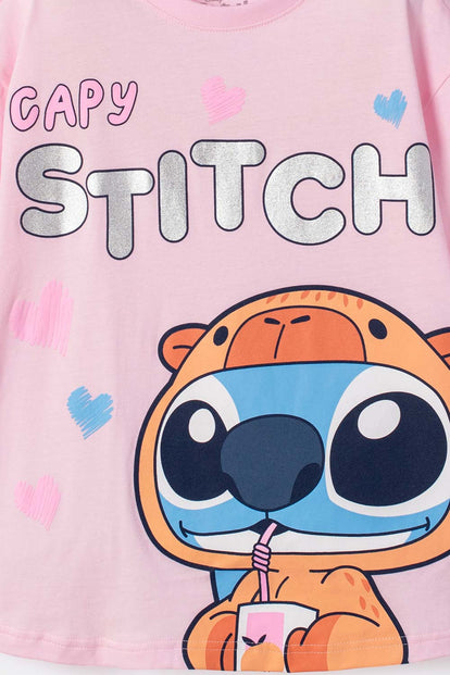 CAMISETA DE STITCH Y CAPYBARA MANGA CORTA ROSADA PARA NIÑA
