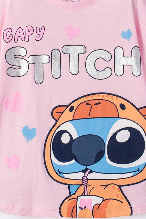 CAMISETA DE STITCH Y CAPYBARA MANGA CORTA ROSADA PARA NIÑA