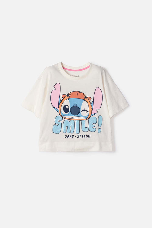 CAMISETA DE STITCH Y CAPYBARA MANGA CORTA MARFIL PARA NIÑA
