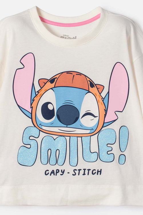 CAMISETA DE STITCH Y CAPYBARA MANGA CORTA MARFIL PARA NIÑA