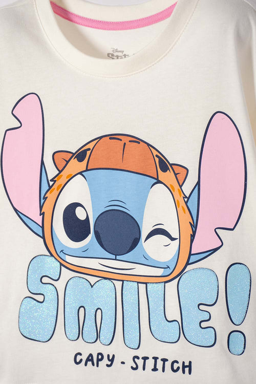 CAMISETA DE STITCH Y CAPYBARA MANGA CORTA MARFIL PARA NIÑA