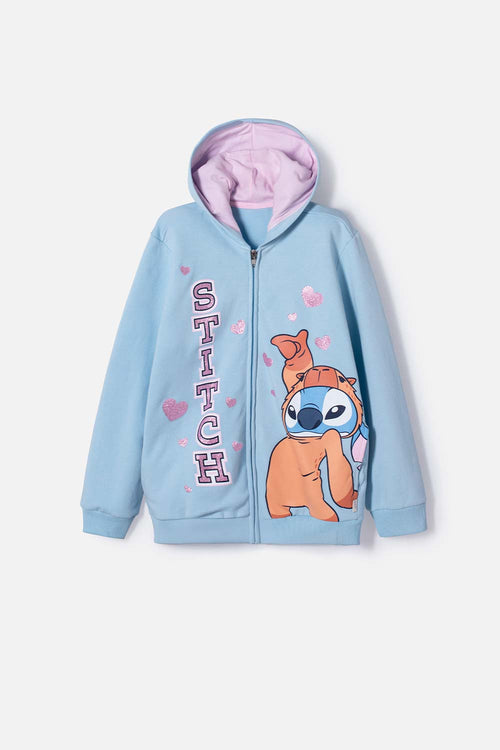BUZO DE STITCH Y CAPYBARA CON CAPUCHA AZUL PARA NIÑA