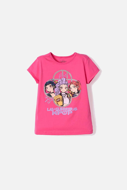 CAMISETA DE K-POP DEMON HUNTERS MANGA CORTA ROSADA PARA NIÑA