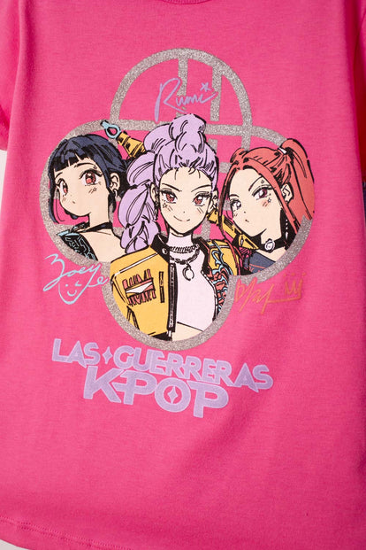 CAMISETA DE K-POP DEMON HUNTERS MANGA CORTA ROSADA PARA NIÑA