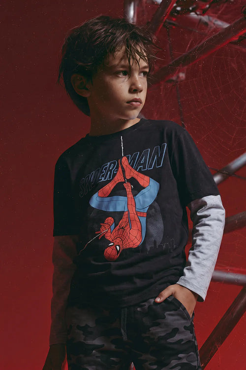 CAMISETA DE SPIDERMAN MANGA LARGA NEGRO PARA NIÑO