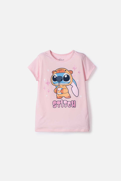 CAMISETA DE STITCH Y CAPYBARA MANGA CORTA ROSADO PARA NIÑA