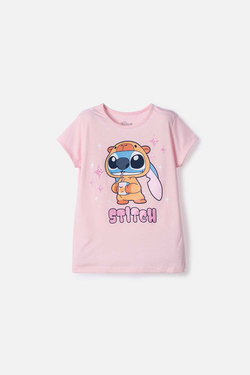 CAMISETA DE STITCH Y CAPYBARA MANGA CORTA ROSADO PARA NIÑA