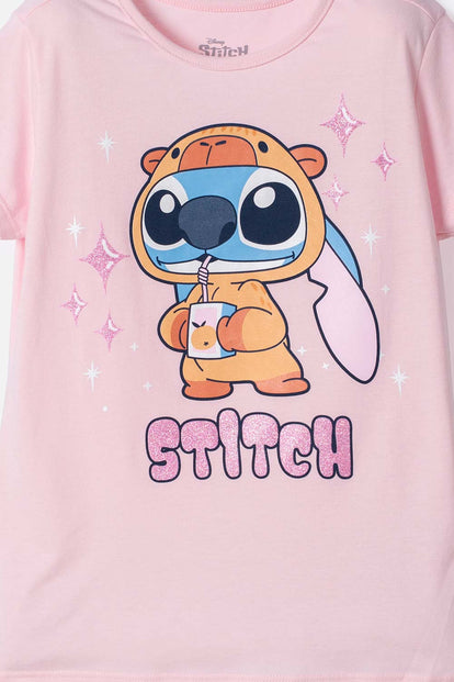 CAMISETA DE STITCH Y CAPYBARA MANGA CORTA ROSADO PARA NIÑA