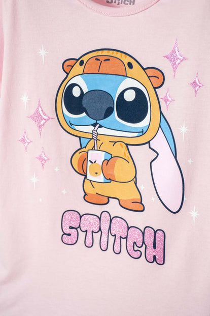 CAMISETA DE STITCH Y CAPYBARA MANGA CORTA ROSADO PARA NIÑA