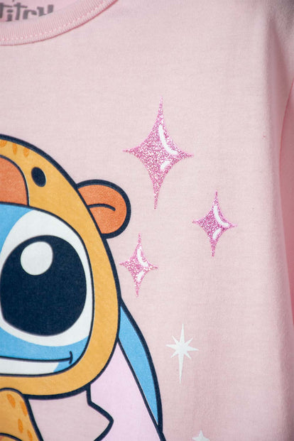 CAMISETA DE STITCH Y CAPYBARA MANGA CORTA ROSADO PARA NIÑA