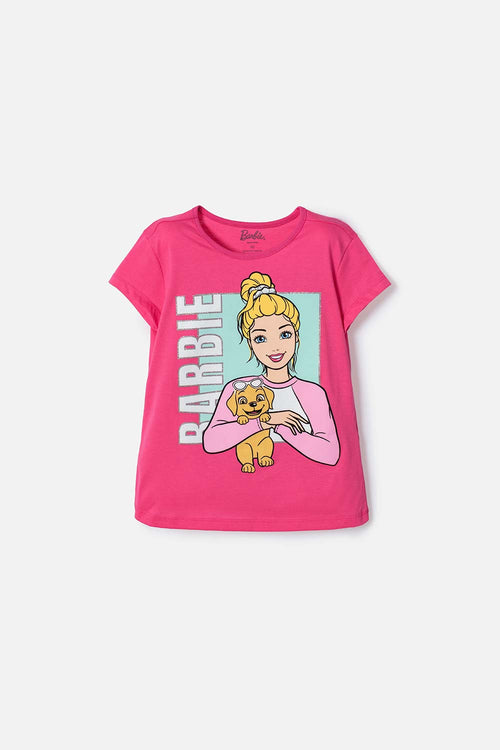CAMISETA DE BARBIE MANGA CORTA ROSADA PARA NIÑA
