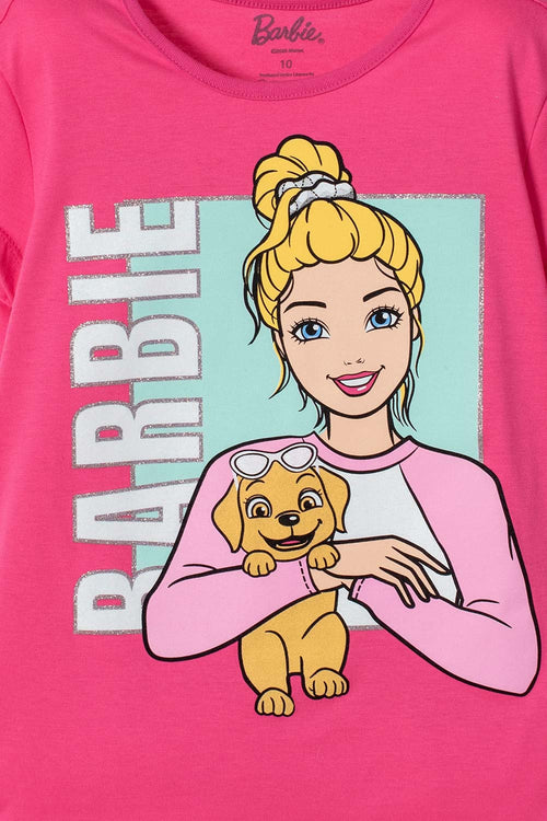 CAMISETA DE BARBIE MANGA CORTA ROSADA PARA NIÑA