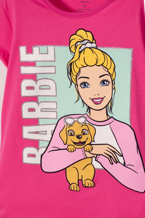 CAMISETA DE BARBIE MANGA CORTA ROSADA PARA NIÑA
