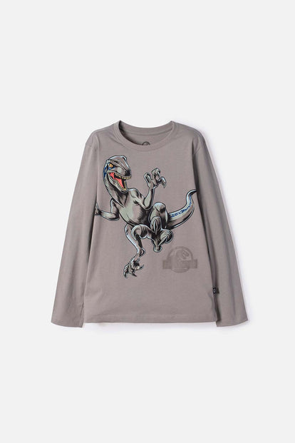 CAMISETA DE JURASSIC WORLD MANGA LARGA GRIS HUMO PARA NIÑO
