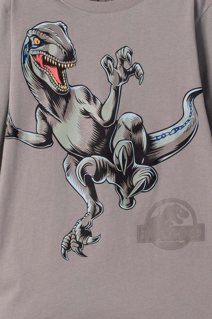 CAMISETA DE JURASSIC WORLD MANGA LARGA GRIS HUMO PARA NIÑO