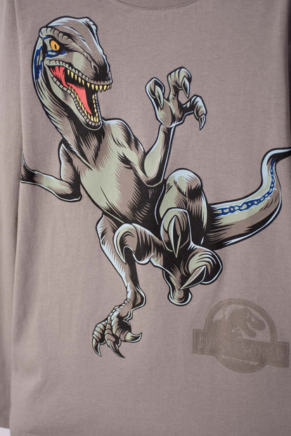CAMISETA DE JURASSIC WORLD MANGA LARGA GRIS HUMO PARA NIÑO