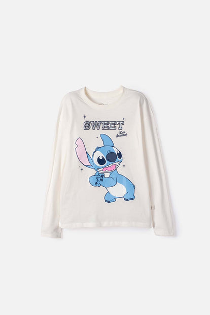 CAMISETA DE LILO Y STITCH MANGA LARGA MARFIL PARA NIÑA